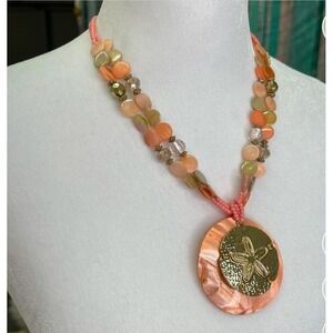 Coral Peach Beaded Starfish Shell Pendant Statement Necklace Gold Tone